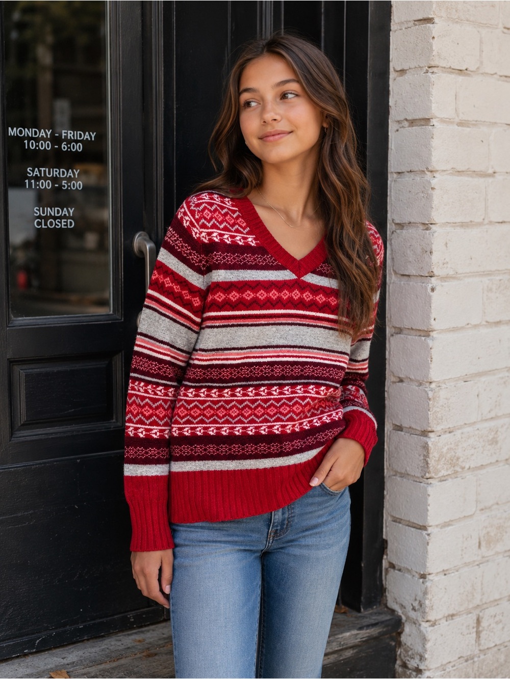 Old Navy Girls Red Fair Isle V-Neck Long Sleeve Sweater Sz SM
